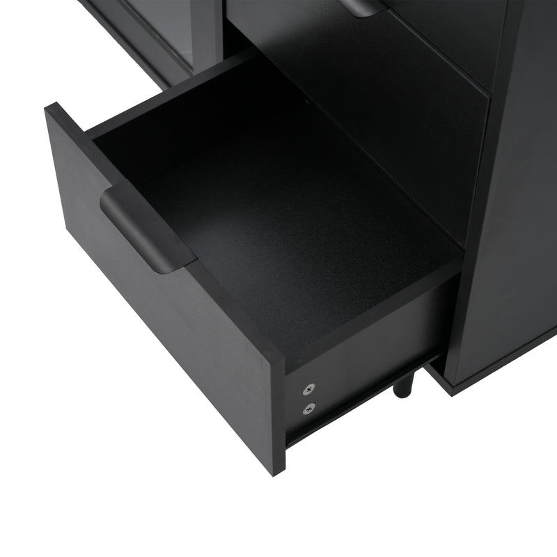 Buffet Noir Élégant avec Portes Vitrées, 3 Tiroirs et Rangement Spacieux – Pieds Métalliques Robustes EIHAIL