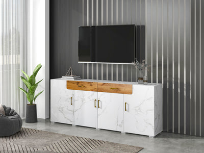 Buffet TV/Console Moderne Blanc Effet Marbre avec Tiroirs et Portes Battantes - Rangement Spacieux ELAD
