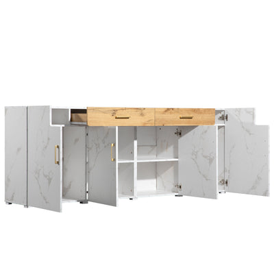 Buffet TV/Console Moderne Blanc Effet Marbre avec Tiroirs et Portes Battantes - Rangement Spacieux ELAD