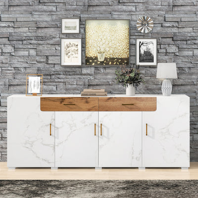 Buffet TV/Console Moderne Blanc Effet Marbre avec Tiroirs et Portes Battantes - Rangement Spacieux ELAD