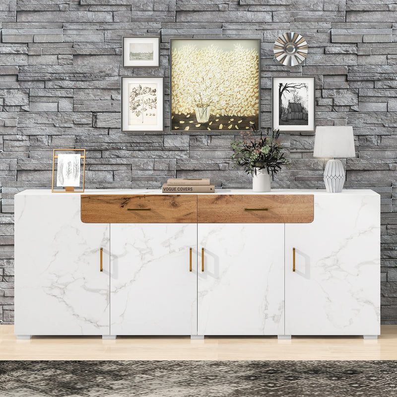 Buffet TV/Console Moderne Blanc Effet Marbre avec Tiroirs et Portes Battantes - Rangement Spacieux ELAD