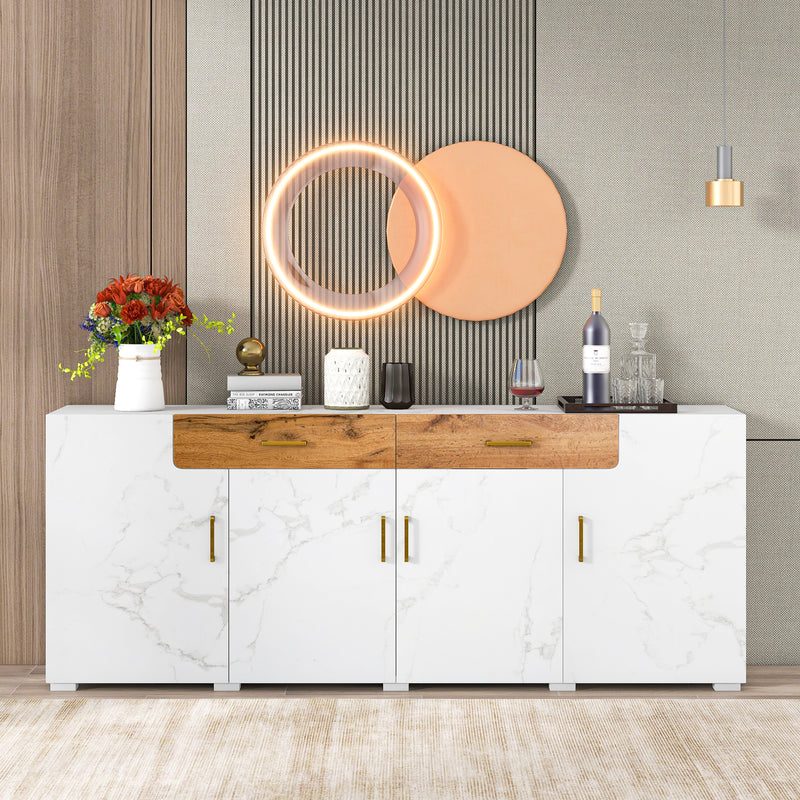 Buffet TV/Console Moderne Blanc Effet Marbre avec Tiroirs et Portes Battantes - Rangement Spacieux ELAD