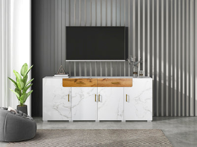 Buffet TV/Console Moderne Blanc Effet Marbre avec Tiroirs et Portes Battantes - Rangement Spacieux ELAD
