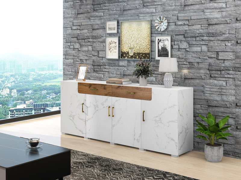 Buffet TV/Console Moderne Blanc Effet Marbre avec Tiroirs et Portes Battantes - Rangement Spacieux ELAD