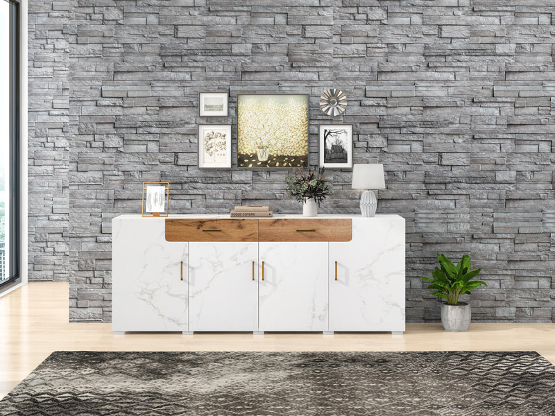 Buffet TV/Console Moderne Blanc Effet Marbre avec Tiroirs et Portes Battantes - Rangement Spacieux ELAD