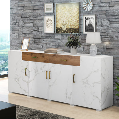 Buffet TV/Console Moderne Blanc Effet Marbre avec Tiroirs et Portes Battantes - Rangement Spacieux ELAD
