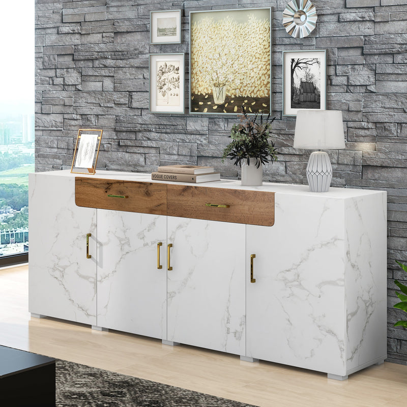 Buffet TV/Console Moderne Blanc Effet Marbre avec Tiroirs et Portes Battantes - Rangement Spacieux ELAD