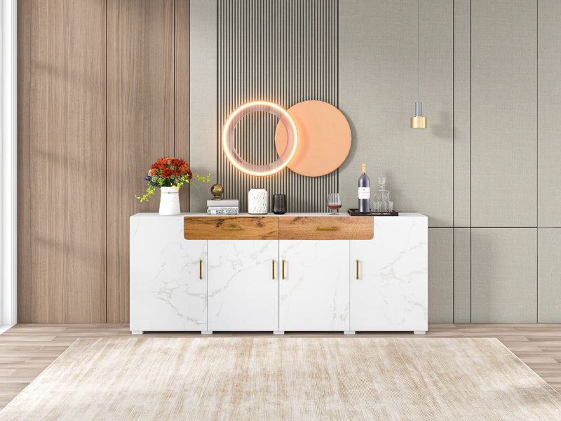 Buffet TV/Console Moderne Blanc Effet Marbre avec Tiroirs et Portes Battantes - Rangement Spacieux ELAD