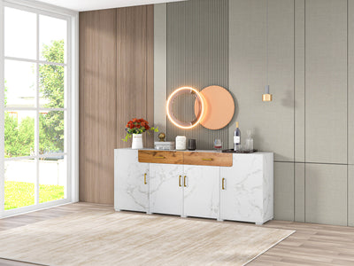 Buffet TV/Console Moderne Blanc Effet Marbre avec Tiroirs et Portes Battantes - Rangement Spacieux ELAD