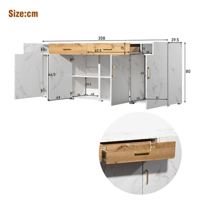 Buffet TV/Console Moderne Blanc Effet Marbre avec Tiroirs et Portes Battantes - Rangement Spacieux ELAD