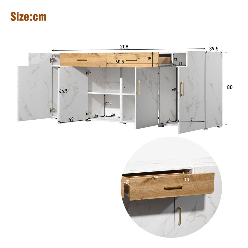 Buffet TV/Console Moderne Blanc Effet Marbre avec Tiroirs et Portes Battantes - Rangement Spacieux ELAD