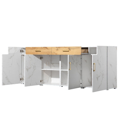 Buffet TV/Console Moderne Blanc Effet Marbre avec Tiroirs et Portes Battantes - Rangement Spacieux ELAD