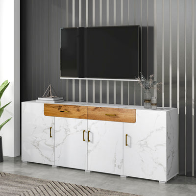 Buffet TV/Console Moderne Blanc Effet Marbre avec Tiroirs et Portes Battantes - Rangement Spacieux ELAD