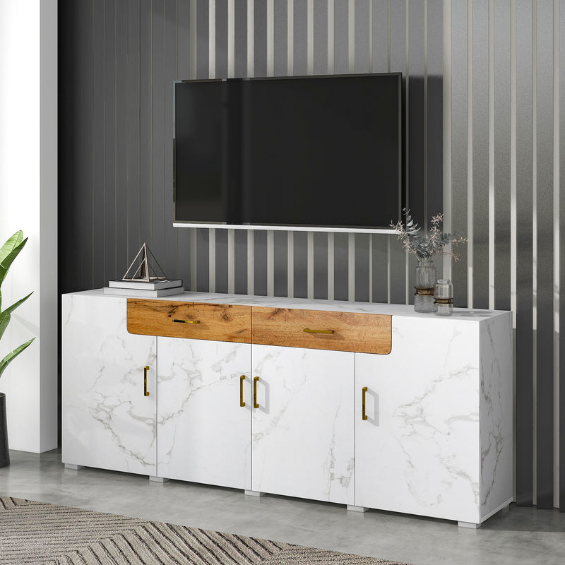 Buffet TV/Console Moderne Blanc Effet Marbre avec Tiroirs et Portes Battantes - Rangement Spacieux ELAD