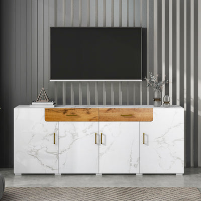 Buffet TV/Console Moderne Blanc Effet Marbre avec Tiroirs et Portes Battantes - Rangement Spacieux ELAD