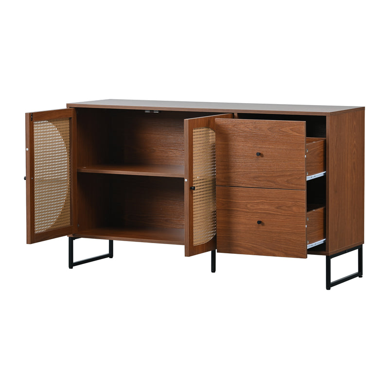 Buffet Moderne Noyer avec 2 Tiroirs et 2 Portes en Rotin, Pieds en Acier EMONS
