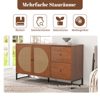 Buffet Moderne Noyer avec 2 Tiroirs et 2 Portes en Rotin, Pieds en Acier EMONS