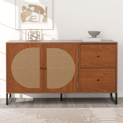 Buffet Moderne Noyer avec 2 Tiroirs et 2 Portes en Rotin, Pieds en Acier EMONS