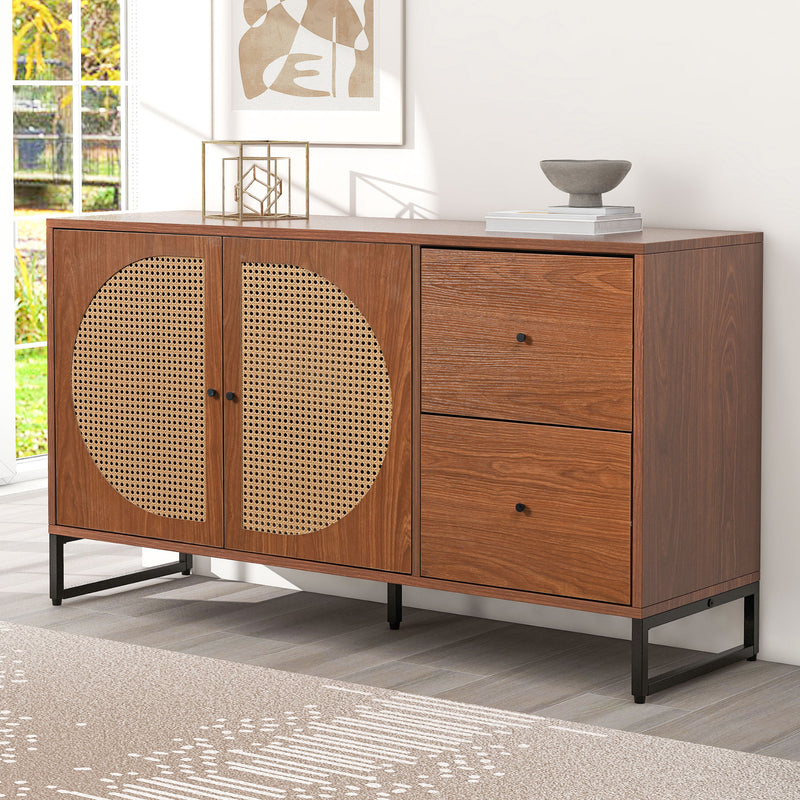 Buffet Moderne Noyer avec 2 Tiroirs et 2 Portes en Rotin, Pieds en Acier EMONS