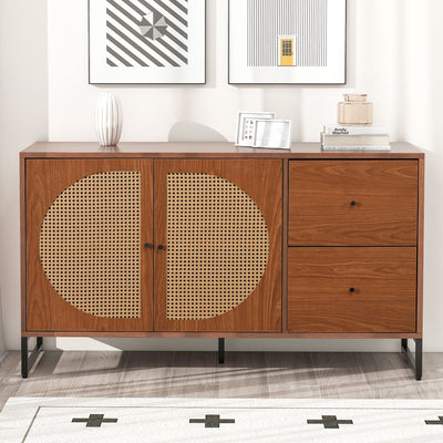 Buffet Moderne Noyer avec 2 Tiroirs et 2 Portes en Rotin, Pieds en Acier EMONS