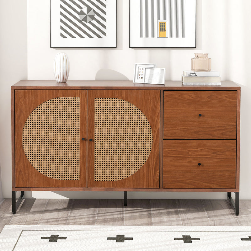 Buffet Moderne Noyer avec 2 Tiroirs et 2 Portes en Rotin, Pieds en Acier EMONS