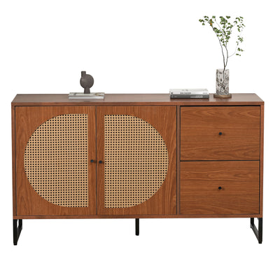 Buffet Moderne Noyer avec 2 Tiroirs et 2 Portes en Rotin, Pieds en Acier EMONS