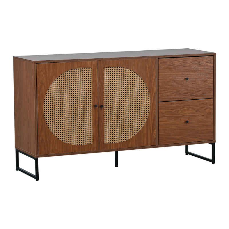 Buffet Moderne Noyer avec 2 Tiroirs et 2 Portes en Rotin, Pieds en Acier EMONS