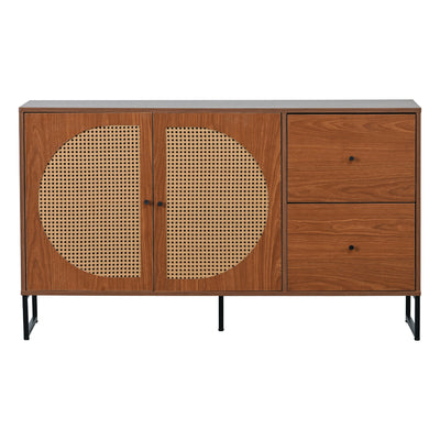 Buffet Moderne Noyer avec 2 Tiroirs et 2 Portes en Rotin, Pieds en Acier EMONS