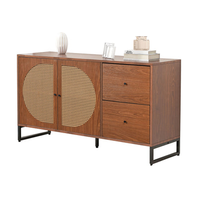 Buffet Moderne Noyer avec 2 Tiroirs et 2 Portes en Rotin, Pieds en Acier EMONS