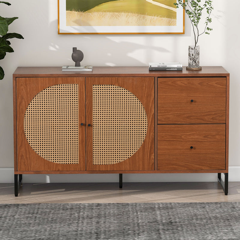 Buffet Moderne Noyer avec 2 Tiroirs et 2 Portes en Rotin, Pieds en Acier EMONS
