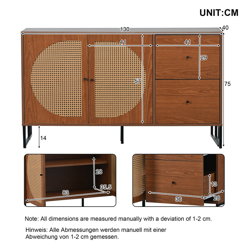 Buffet Moderne Noyer avec 2 Tiroirs et 2 Portes en Rotin, Pieds en Acier EMONS
