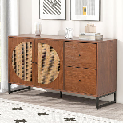 Buffet Moderne Noyer avec 2 Tiroirs et 2 Portes en Rotin, Pieds en Acier EMONS