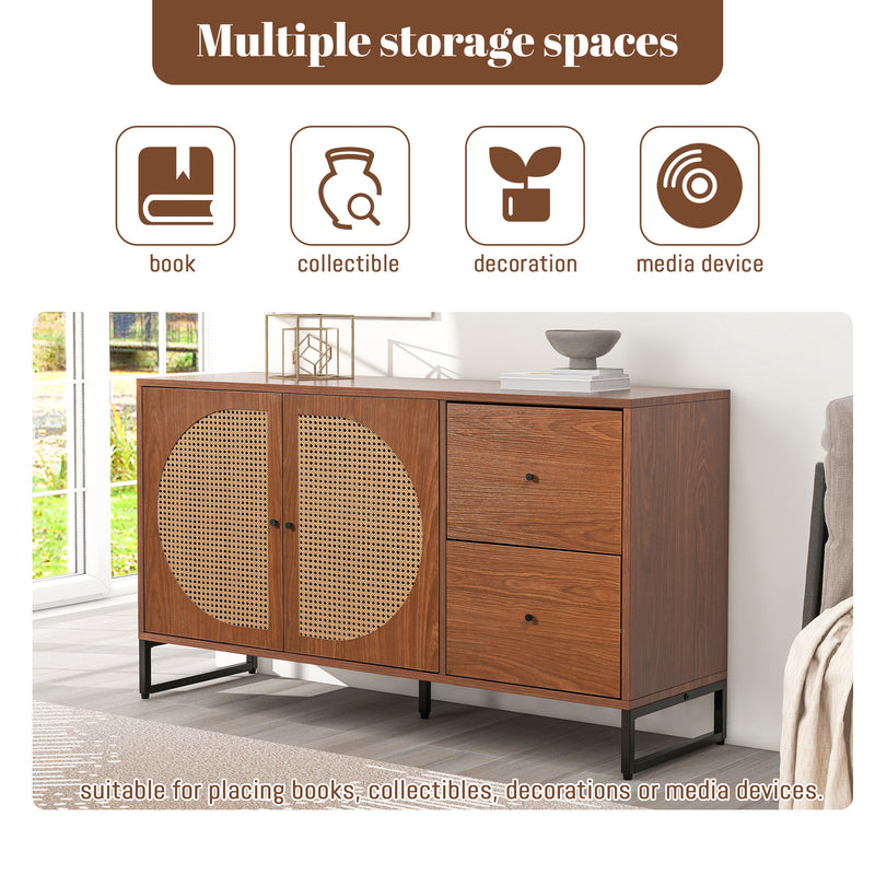 Buffet Moderne Noyer avec 2 Tiroirs et 2 Portes en Rotin, Pieds en Acier EMONS