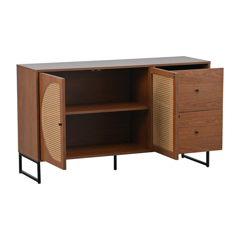 Buffet Moderne Noyer avec 2 Tiroirs et 2 Portes en Rotin, Pieds en Acier EMONS