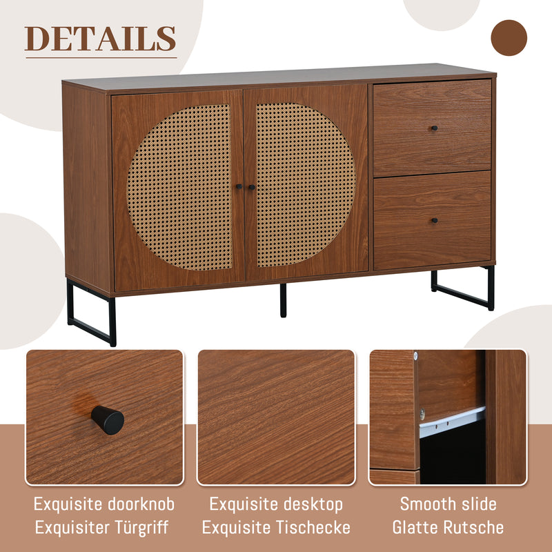Buffet Moderne Noyer avec 2 Tiroirs et 2 Portes en Rotin, Pieds en Acier EMONS