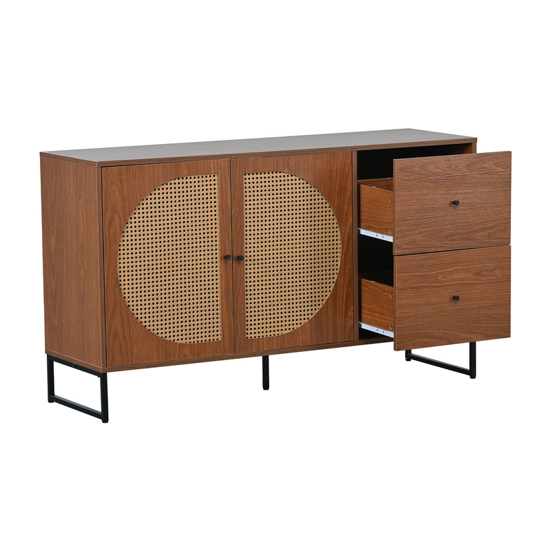 Buffet Moderne Noyer avec 2 Tiroirs et 2 Portes en Rotin, Pieds en Acier EMONS