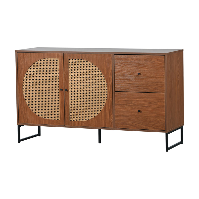 Buffet Moderne Noyer avec 2 Tiroirs et 2 Portes en Rotin, Pieds en Acier EMONS