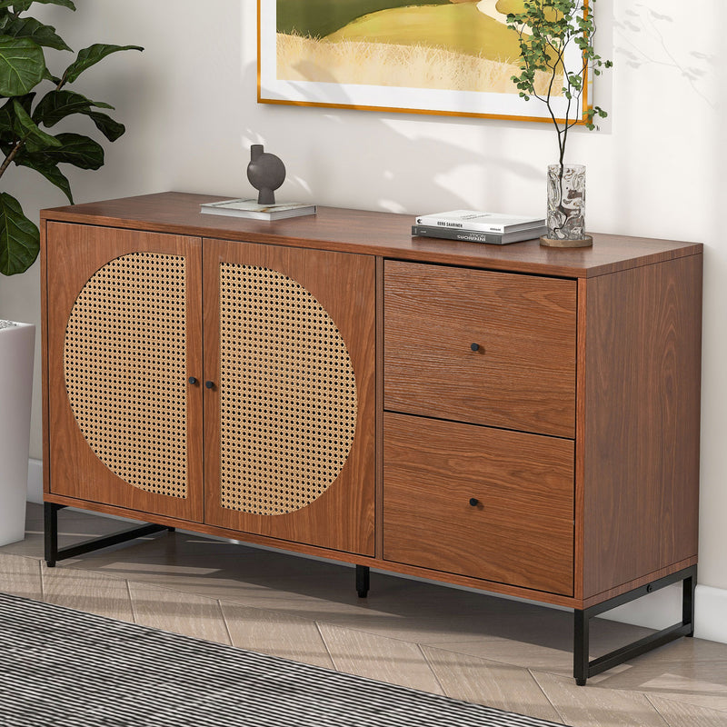 Buffet Moderne Noyer avec 2 Tiroirs et 2 Portes en Rotin, Pieds en Acier EMONS
