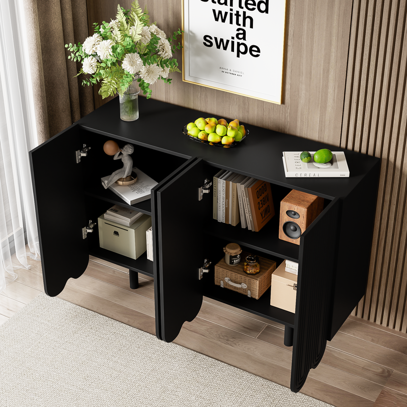 Buffet Moderne Noir avec Portes Sculptées et Amortisseurs - Rangement Élégant EVRENS BLACK