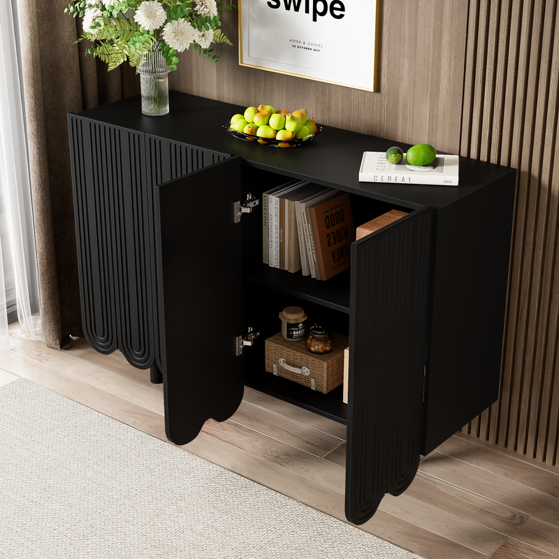 Buffet Moderne Noir avec Portes Sculptées et Amortisseurs - Rangement Élégant EVRENS BLACK