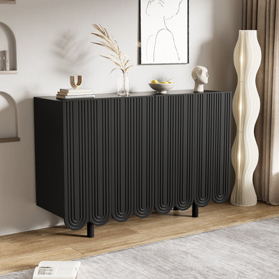 Buffet Moderne Noir avec Portes Sculptées et Amortisseurs - Rangement Élégant EVRENS BLACK