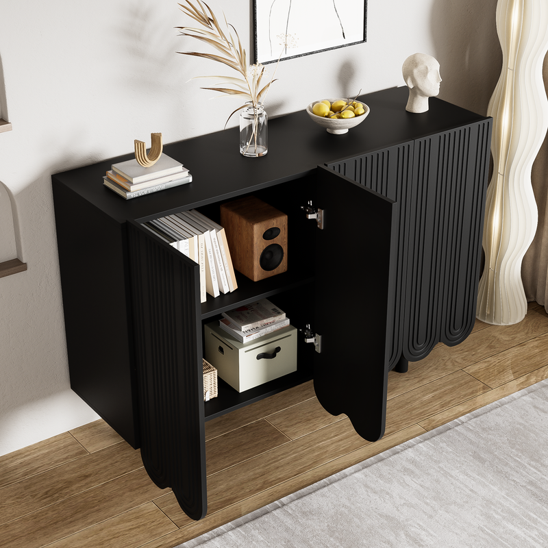 Buffet Moderne Noir avec Portes Sculptées et Amortisseurs - Rangement Élégant EVRENS BLACK