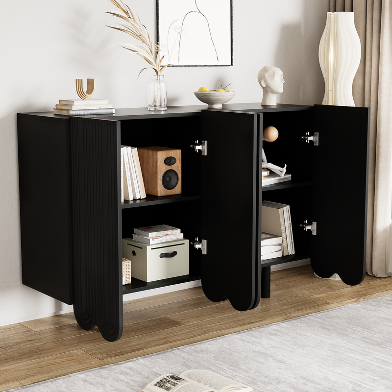 Buffet Moderne Noir avec Portes Sculptées et Amortisseurs - Rangement Élégant EVRENS BLACK