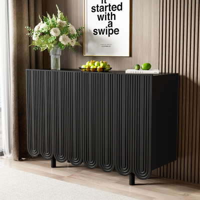 Buffet Moderne Noir avec Portes Sculptées et Amortisseurs - Rangement Élégant EVRENS BLACK
