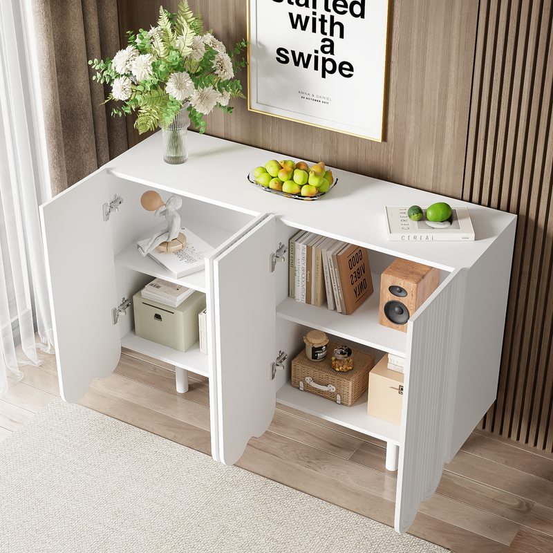 Buffet Moderne Blanc avec Portes Sculptées et Amortisseurs - Rangement Optimisé EVRENS WHITE