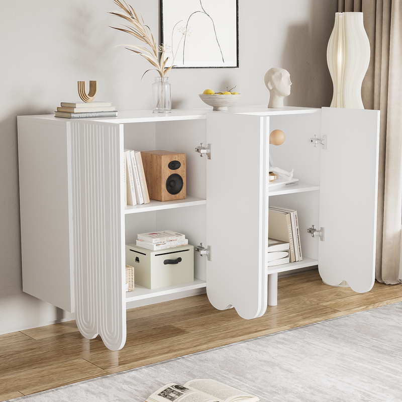 Buffet Moderne Blanc avec Portes Sculptées et Amortisseurs - Rangement Optimisé EVRENS WHITE