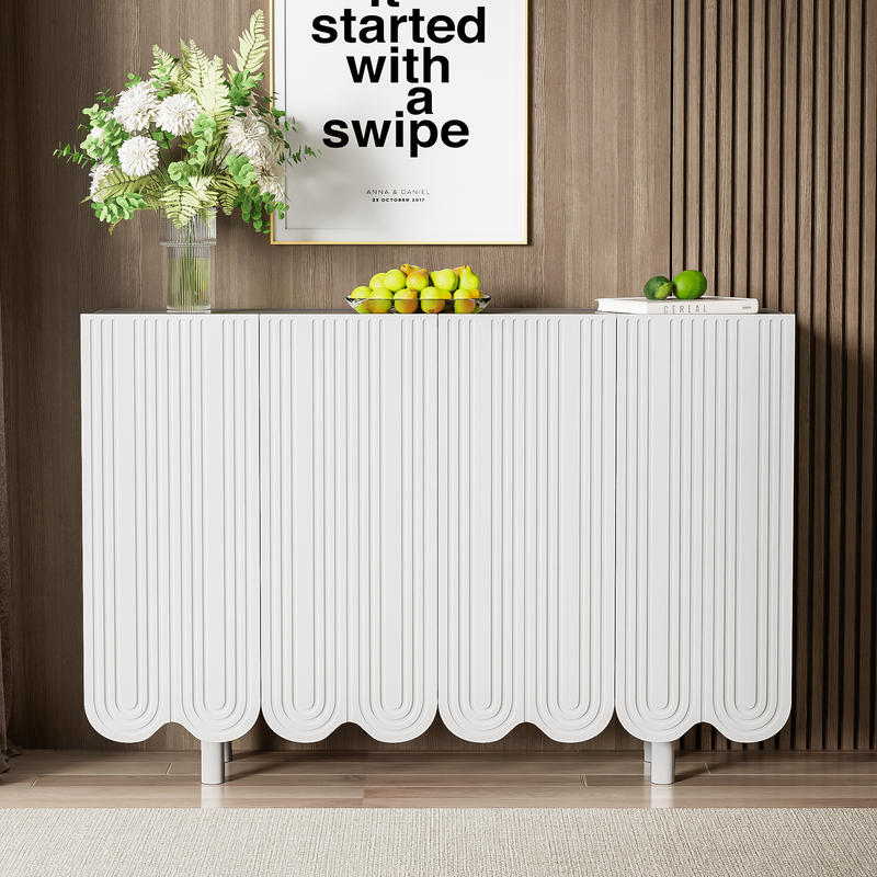 Buffet Moderne Blanc avec Portes Sculptées et Amortisseurs - Rangement Optimisé EVRENS WHITE