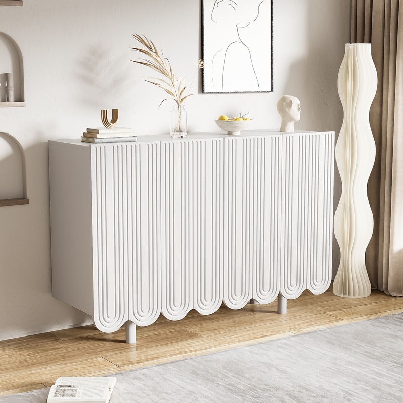 Buffet Moderne Blanc avec Portes Sculptées et Amortisseurs - Rangement Optimisé EVRENS WHITE