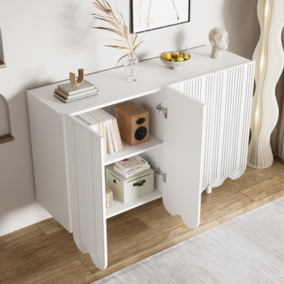 Buffet Moderne Blanc avec Portes Sculptées et Amortisseurs - Rangement Optimisé EVRENS WHITE