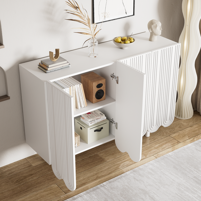 Buffet Moderne Blanc avec Portes Sculptées et Amortisseurs - Rangement Optimisé EVRENS WHITE